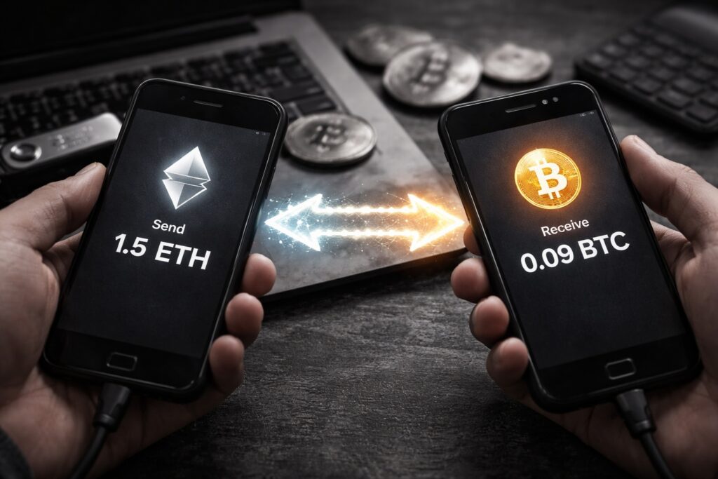 Why Non-Custodial Crypto Swaps Are the Only Swaps Worth Making Two hands holding smartphones side by side, one sending 1.5 ETH and the other receiving 0.09 BTC, with arrows indicating a direct crypto swap.