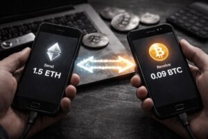 Why Non-Custodial Crypto Swaps Are the Only Swaps Worth Making Two hands holding smartphones side by side, one sending 1.5 ETH and the other receiving 0.09 BTC, with arrows indicating a direct crypto swap.