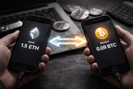 Two hands holding smartphones side by side, one sending 1.5 ETH and the other receiving 0.09 BTC, with arrows indicating a direct crypto swap.